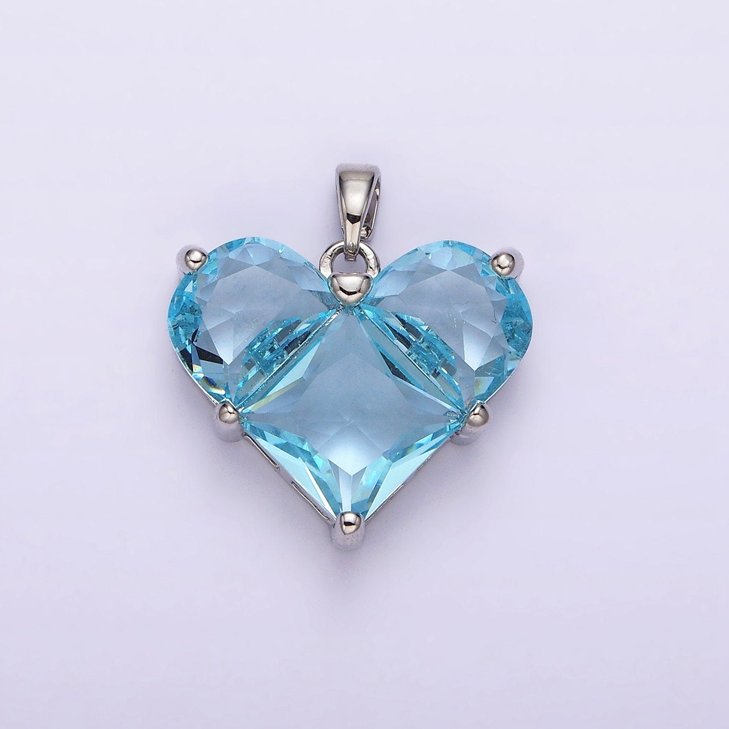 Blue Aquamarine CZ Heart Pendant Silver Heart Charm Blue Aqua March Birthstone Necklace Pendant for Jewelry Making Supply AA-763