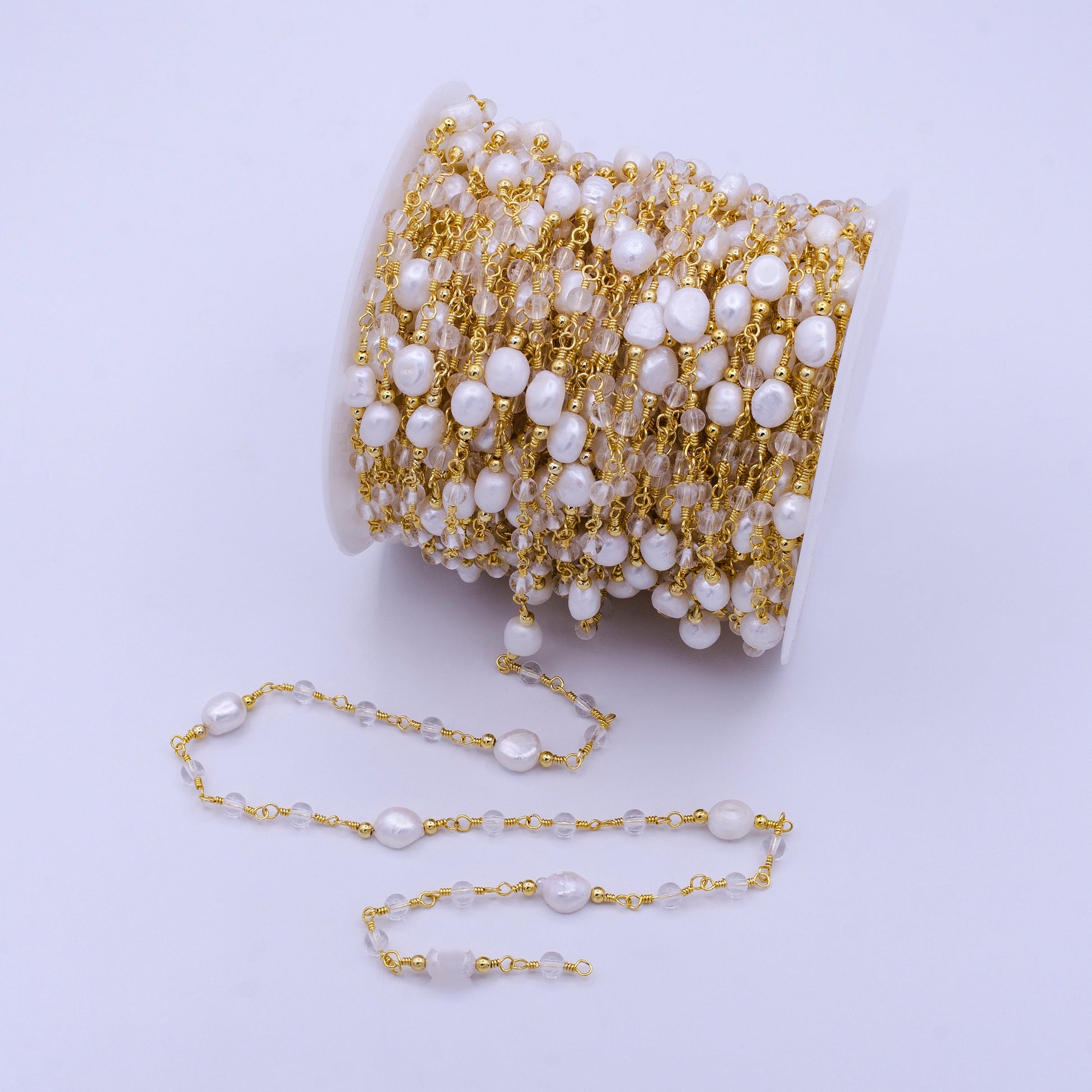 14K Gold Filled Pearl Chain, White Freshwater Pearl Rosary Chain, Bulk Chain Clear Quartz Beads Beaded Unfinished Chain by Yard Roll-1214