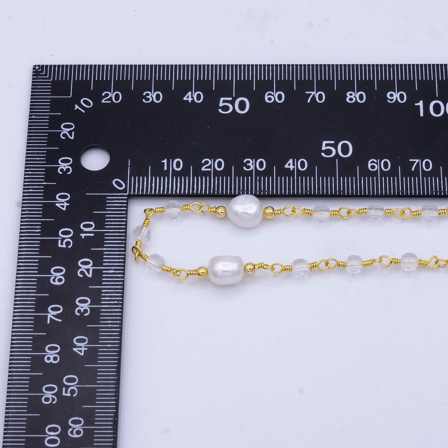 14K Gold Filled Pearl Chain, White Freshwater Pearl Rosary Chain, Bulk Chain Clear Quartz Beads Beaded Unfinished Chain by Yard Roll-1214
