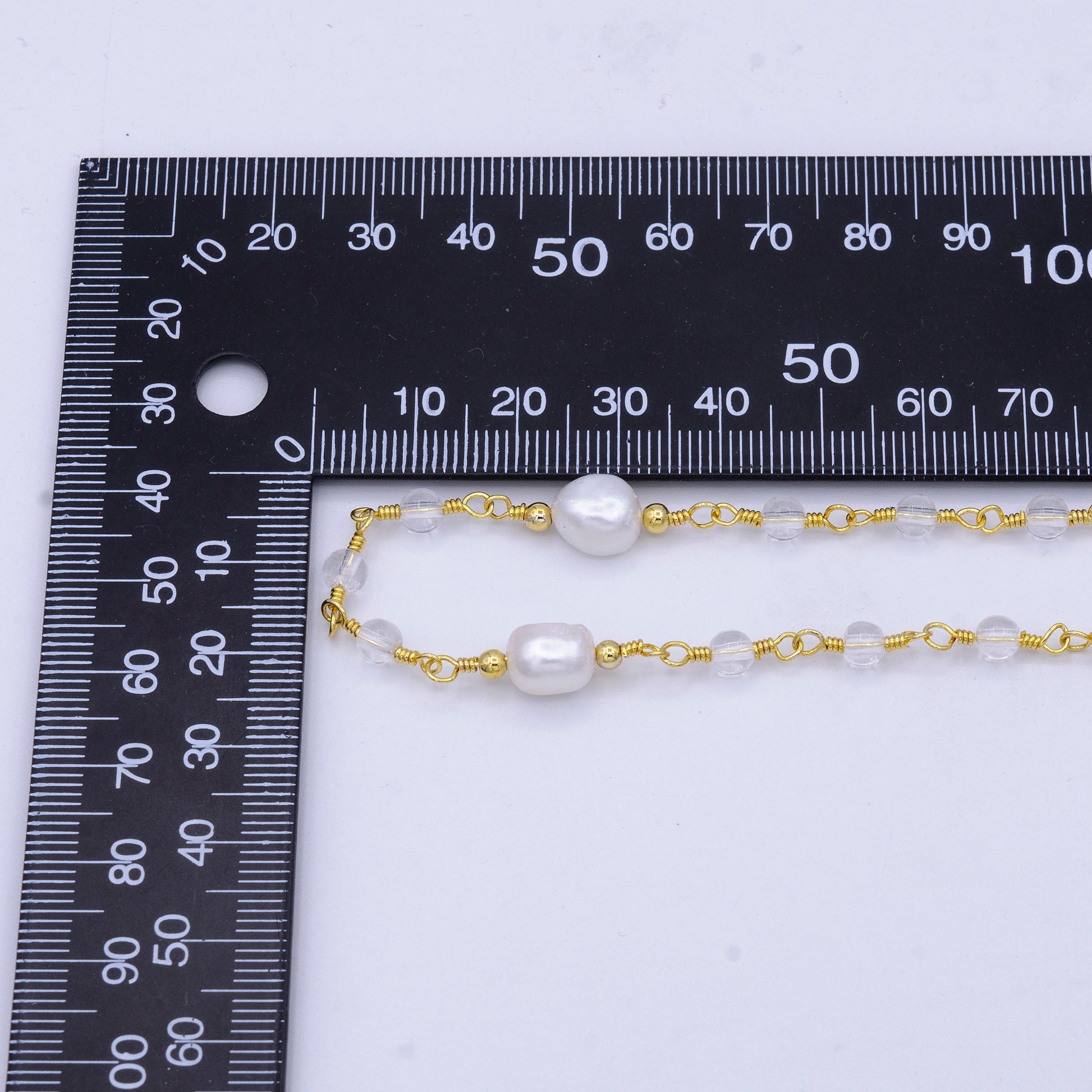 14K Gold Filled Pearl Chain, White Freshwater Pearl Rosary Chain, Bulk Chain Clear Quartz Beads Beaded Unfinished Chain by Yard Roll-1214