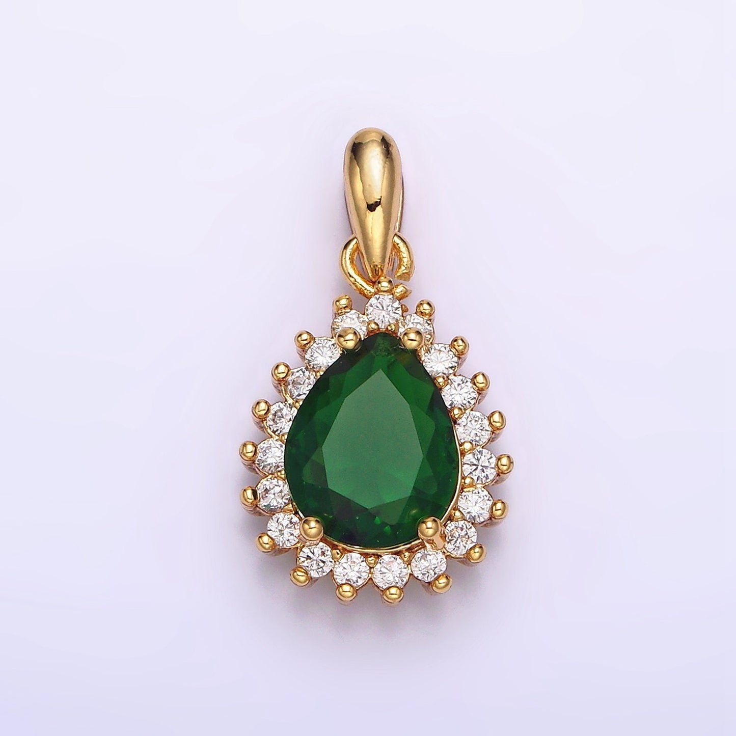 24K Gold Filled Green Teardrop Clear CZ Lined Pendant | AA602