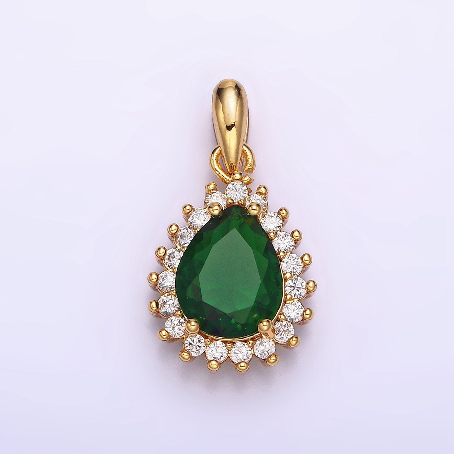 24K Gold Filled Green Teardrop Clear CZ Lined Pendant | AA602