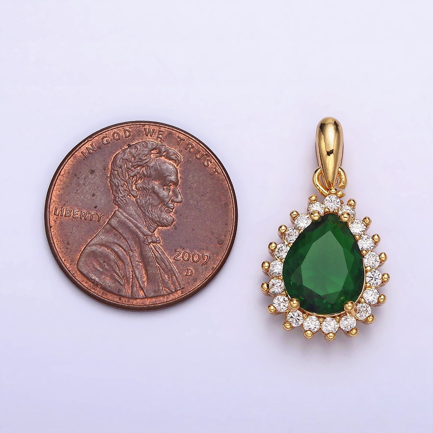 24K Gold Filled Green Teardrop Clear CZ Lined Pendant | AA602