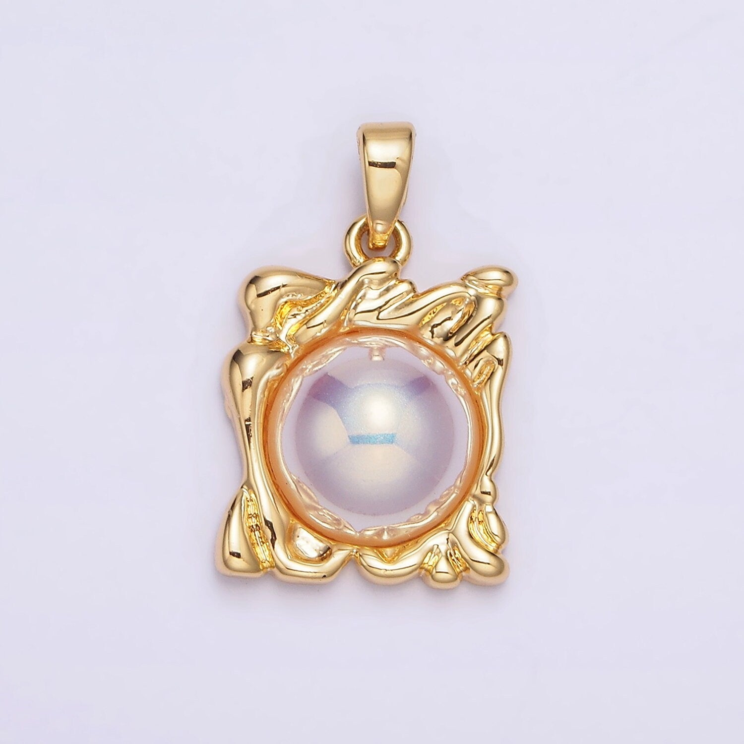 24K Gold Filled Iridescent Pearl Molten Drip Square Pendant | AA577