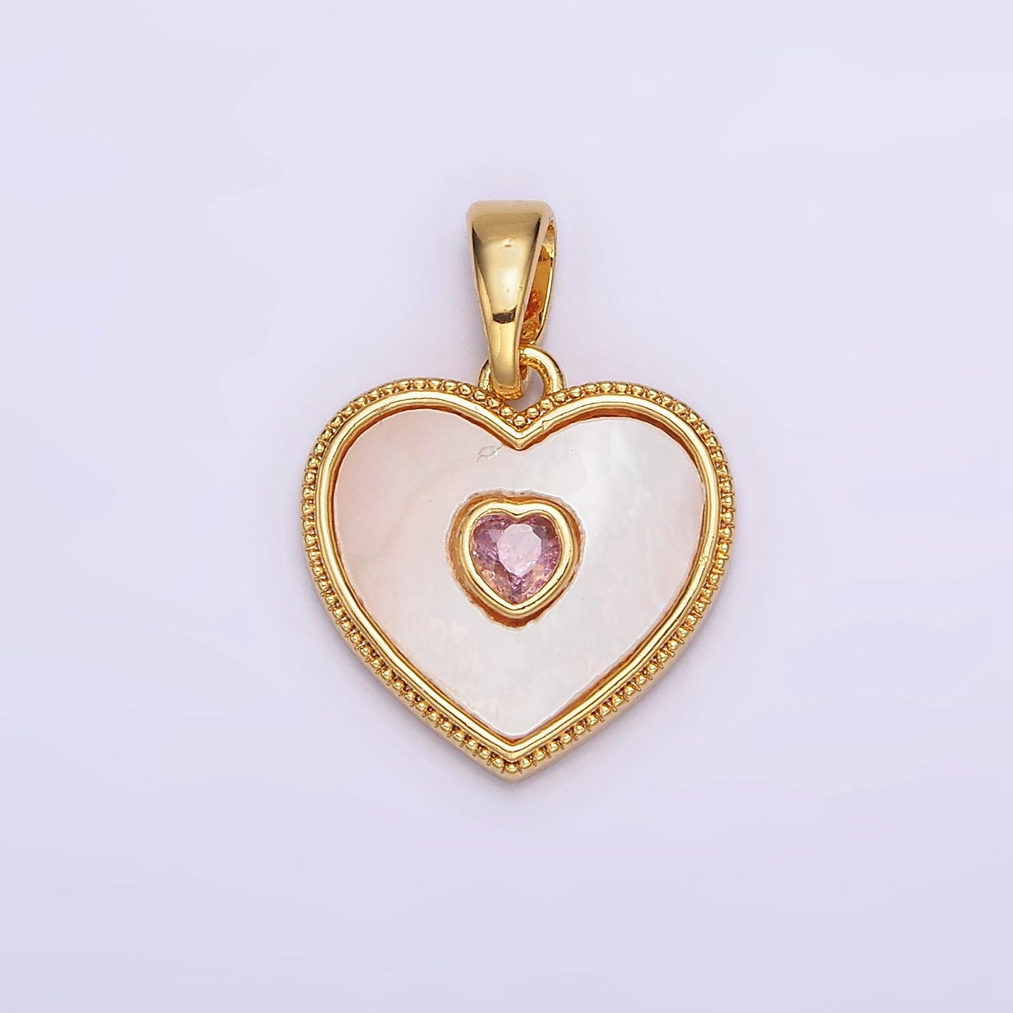 24K Gold Filled Pink, Green CZ Shell Pearl Beaded Heart Pendant | AA573 AA574