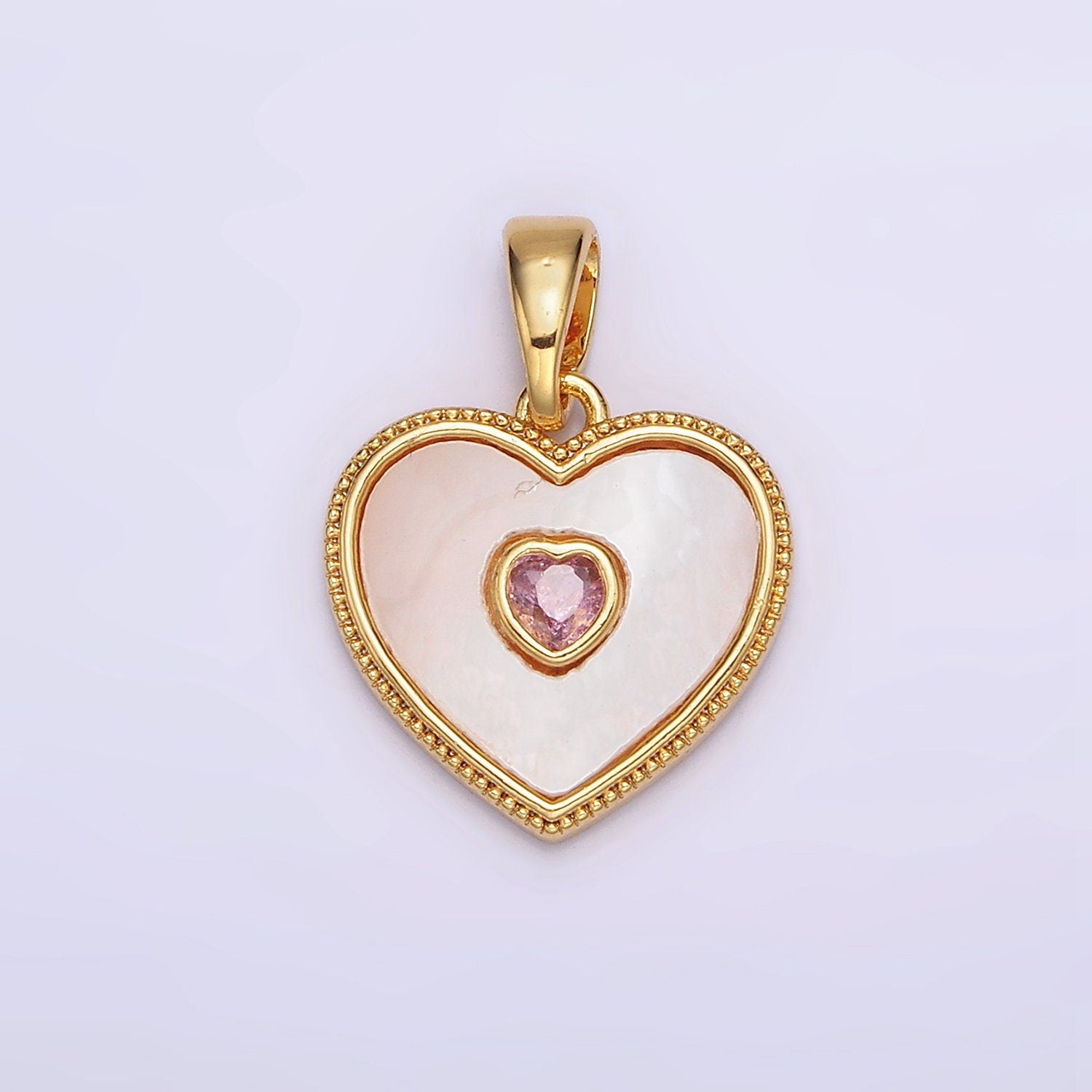 24K Gold Filled Pink, Green CZ Shell Pearl Beaded Heart Pendant | AA573 AA574