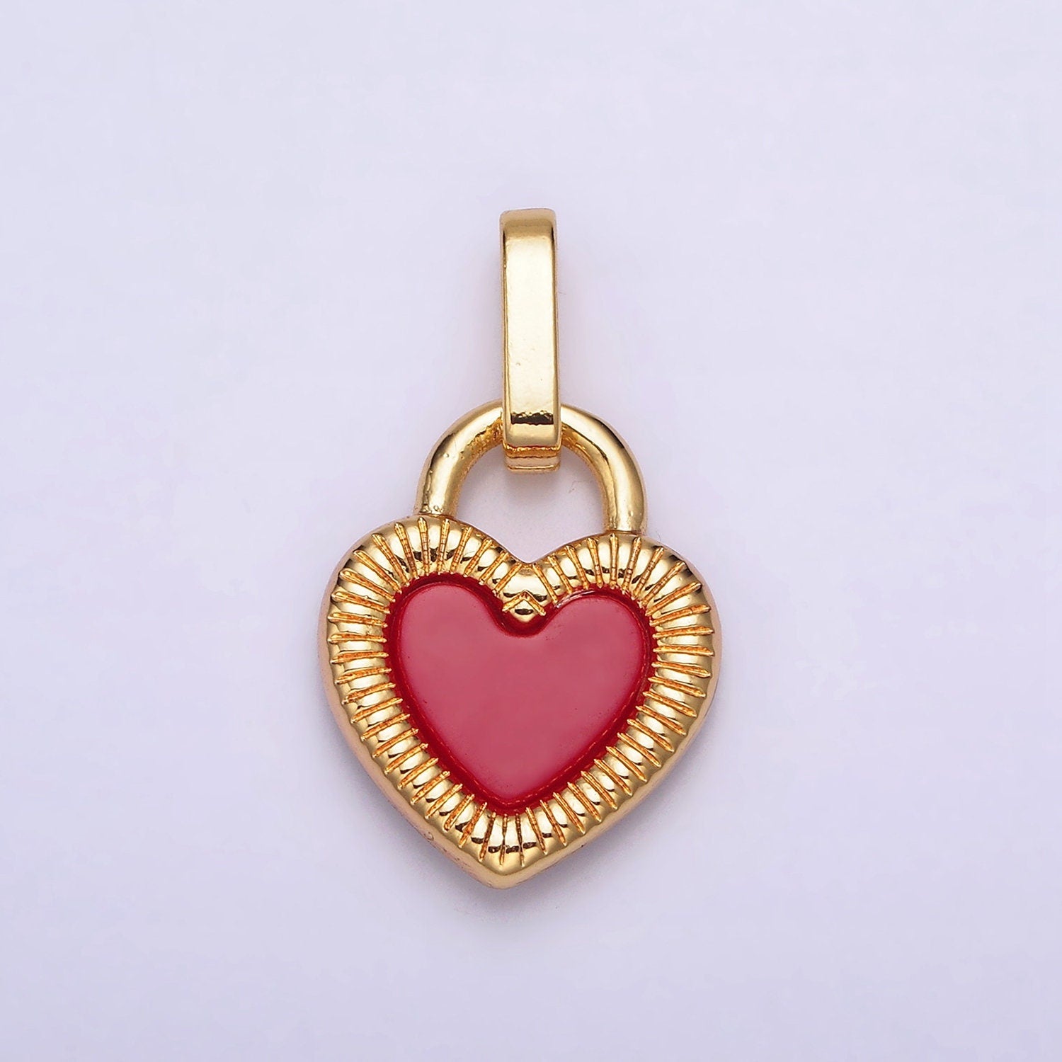 24K Gold Filled Double Sided Red Carnelian Onyx Line-Textured Heart Lock Pendant | AA599