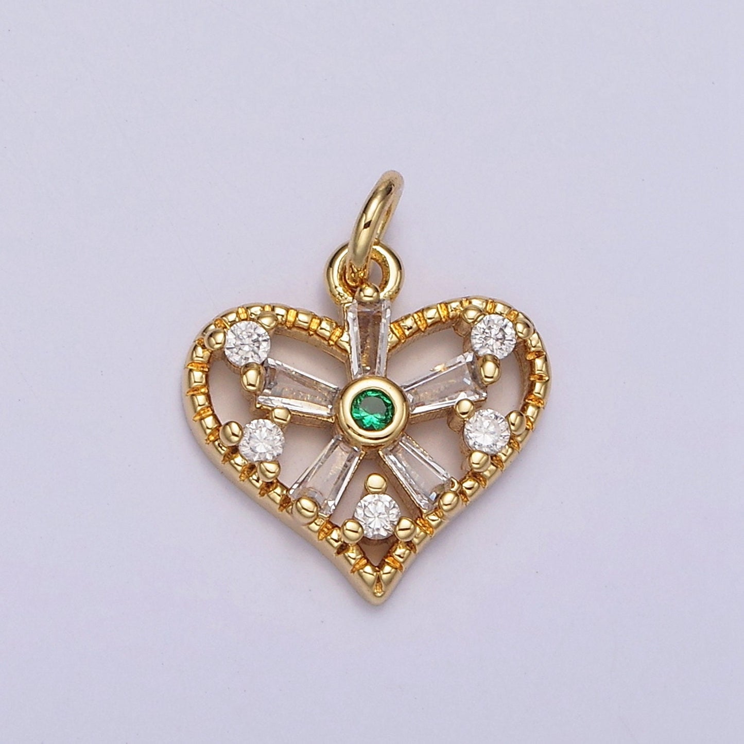 14K Gold Filled Green, Clear Baguette Flower CZ Mini Heart Charm Pendant | AG-390 AG-391