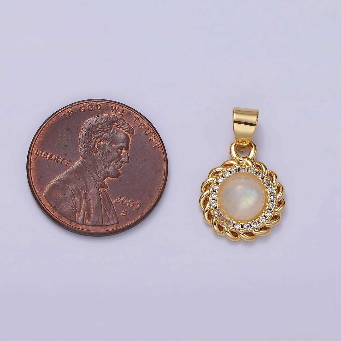 14K Gold Filled Moonstone Charm Clear Micro Paved Rounded Bar Curb Lined Pendant | AA678