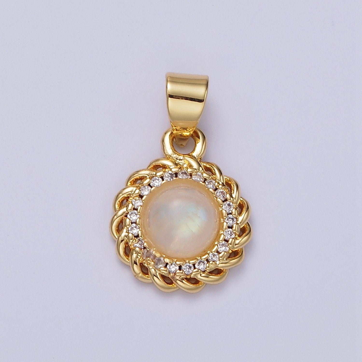 14K Gold Filled Moonstone Charm Clear Micro Paved Rounded Bar Curb Lined Pendant | AA678