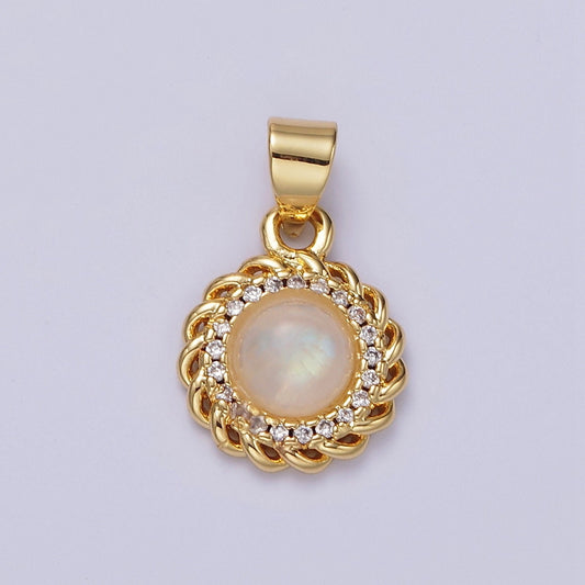 14K Gold Filled Moonstone Charm Clear Micro Paved Rounded Bar Curb Lined Pendant | AA678