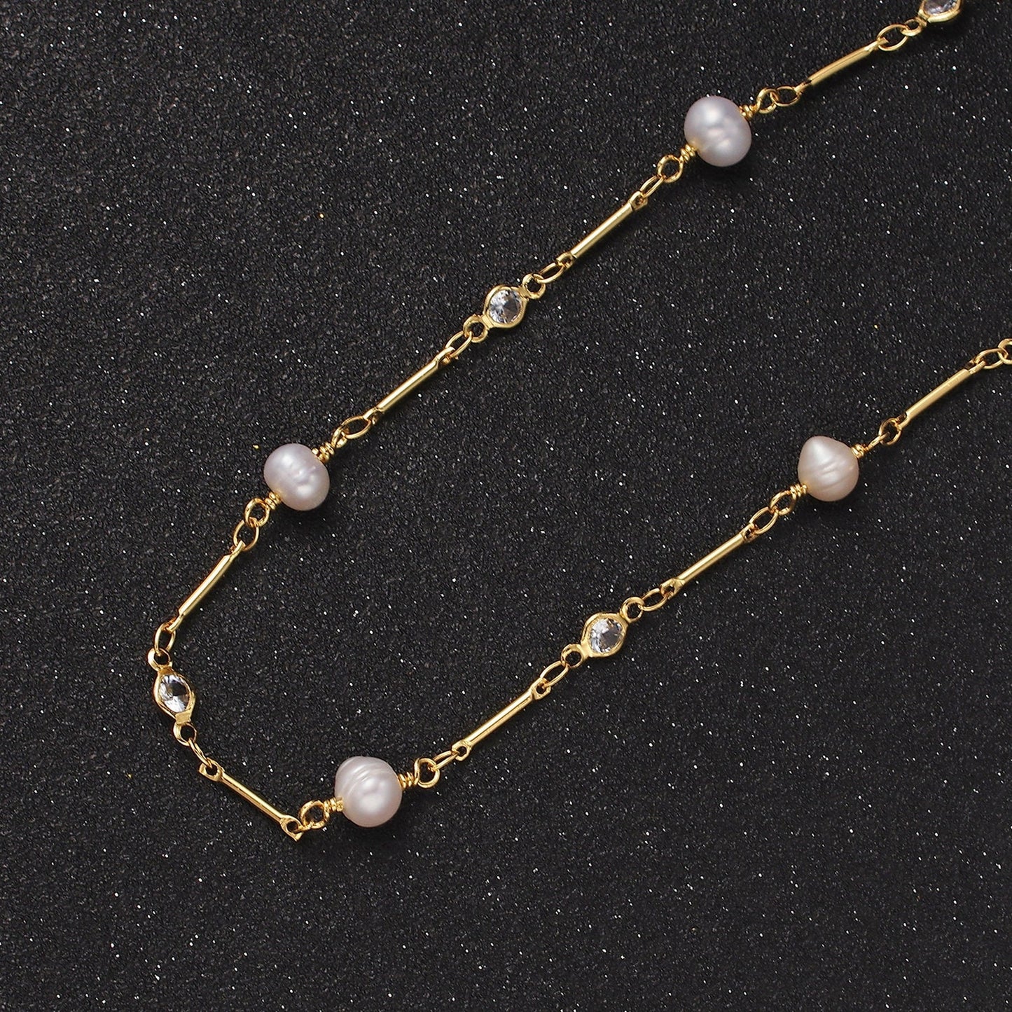 Dainty Gold Ringed Button White Freshwater Pearl Clear CZ Unfinished Jewelry Making Chain by Yard Wholesale Chain | ROLL-1410