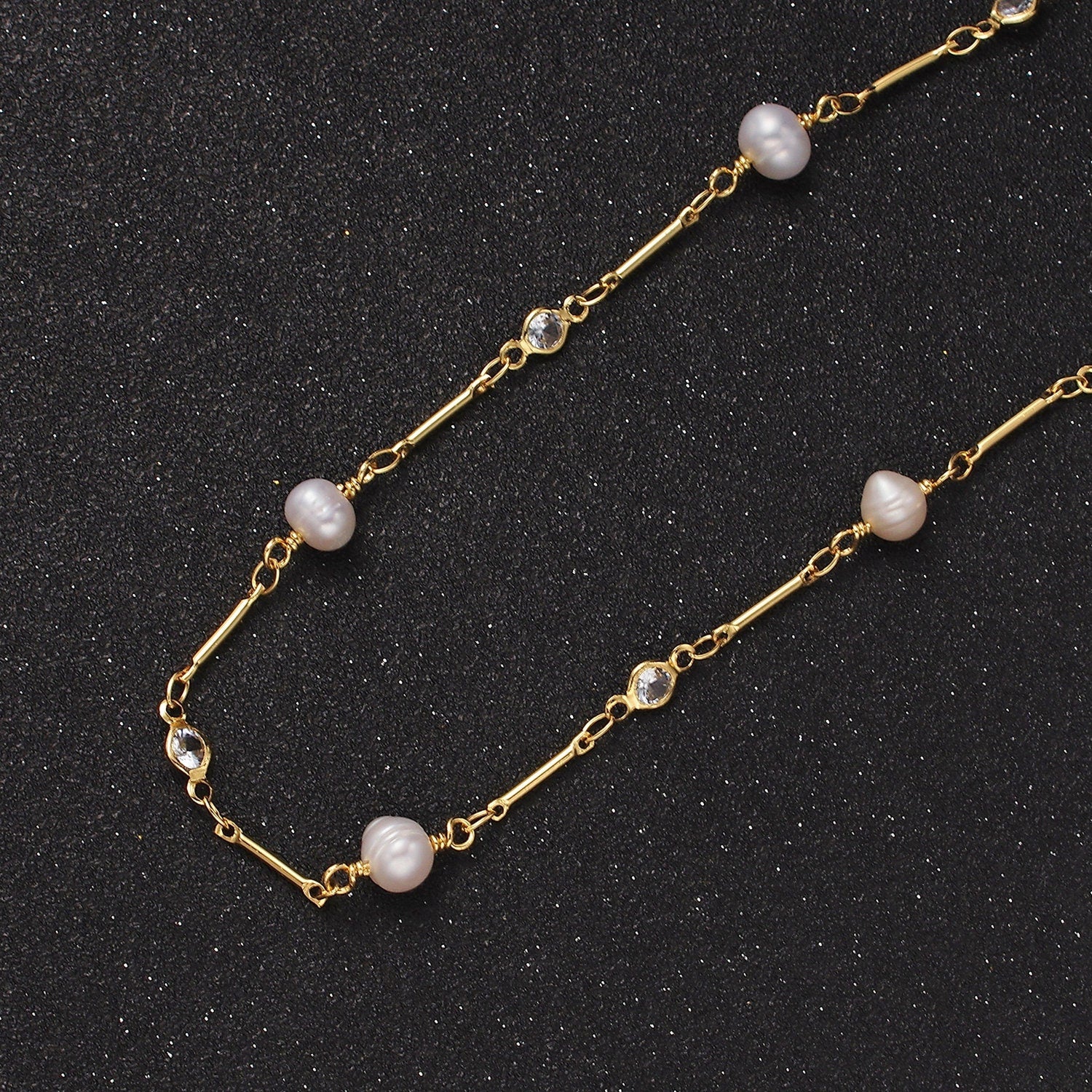 Dainty Gold Ringed Button White Freshwater Pearl Clear CZ Unfinished Jewelry Making Chain by Yard Wholesale Chain | ROLL-1410