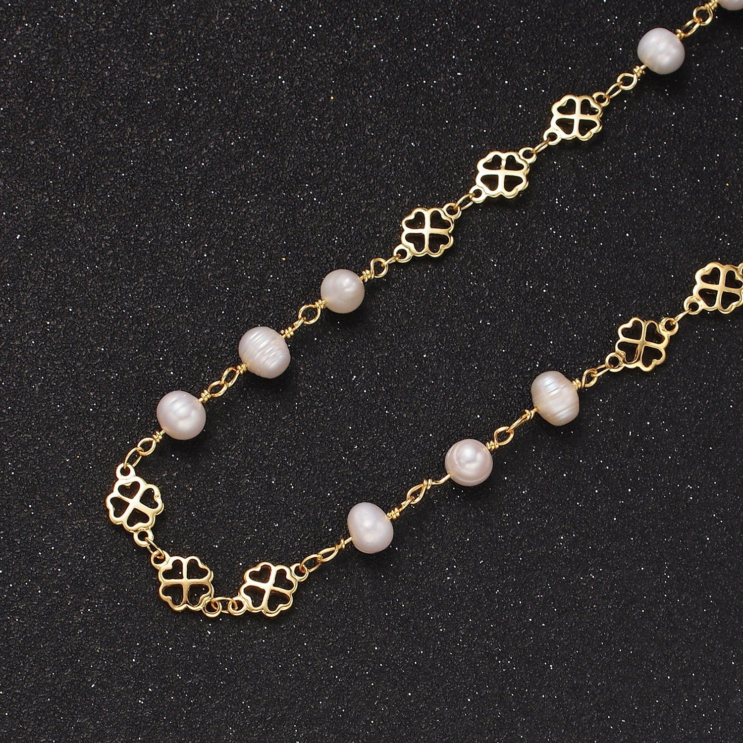 Dainty Gold Triple Ringed Button White Freshwater Pearl Clover Heart Petal Unfinished Designed Chain For Jewelry Making | ROLL-1409