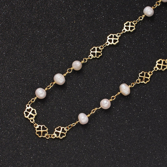 Dainty Gold Triple Ringed Button White Freshwater Pearl Clover Heart Petal Unfinished Designed Chain For Jewelry Making | ROLL-1409