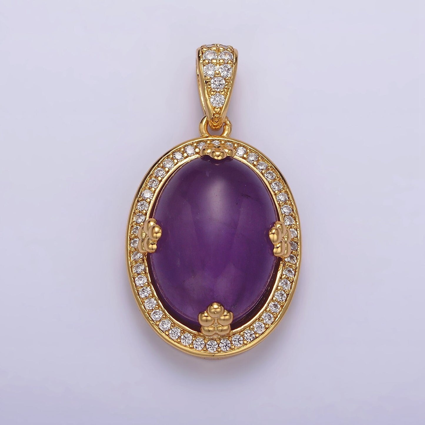 14K Gold Filled Amethyst, Rose Quartz, Aventurine Cabochon Micro Paved CZ Pendant | AA686 - AA688