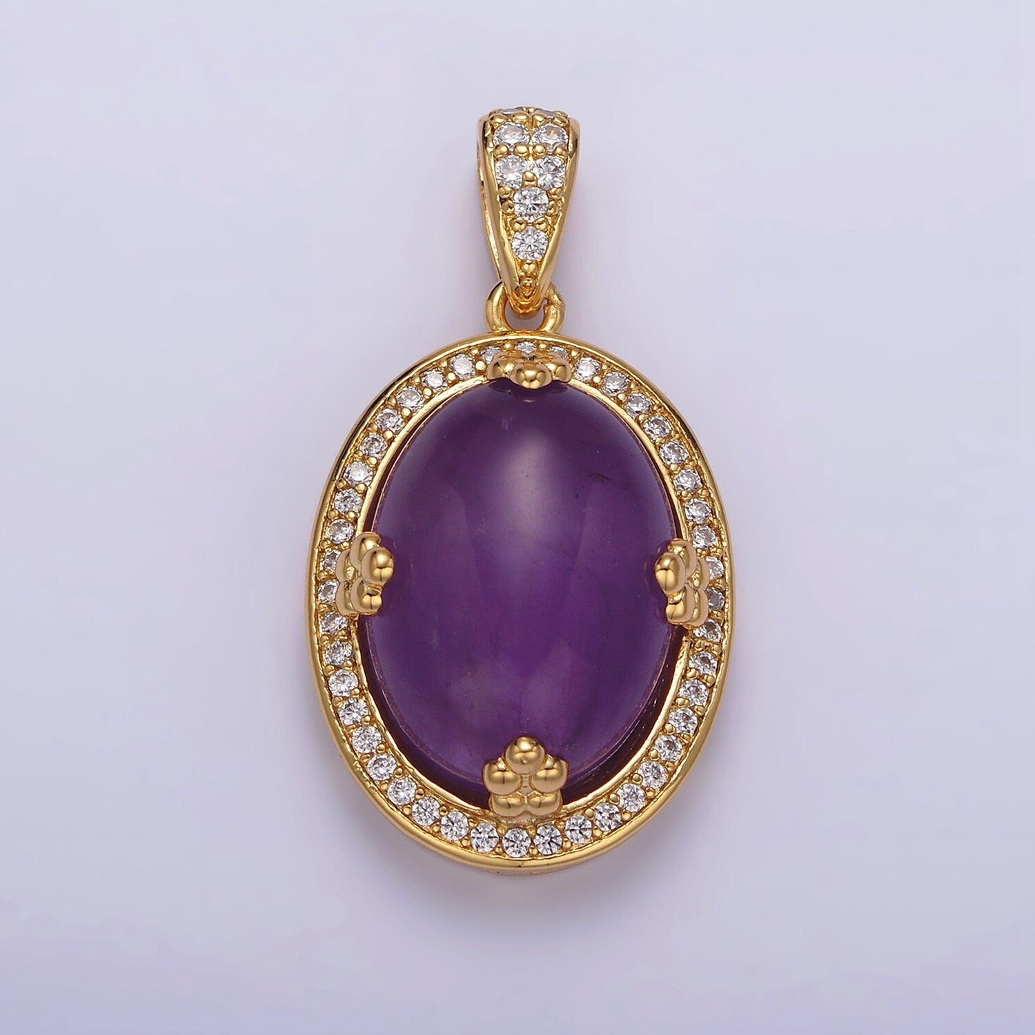 14K Gold Filled Amethyst, Rose Quartz, Aventurine Cabochon Micro Paved CZ Pendant | AA686 - AA688