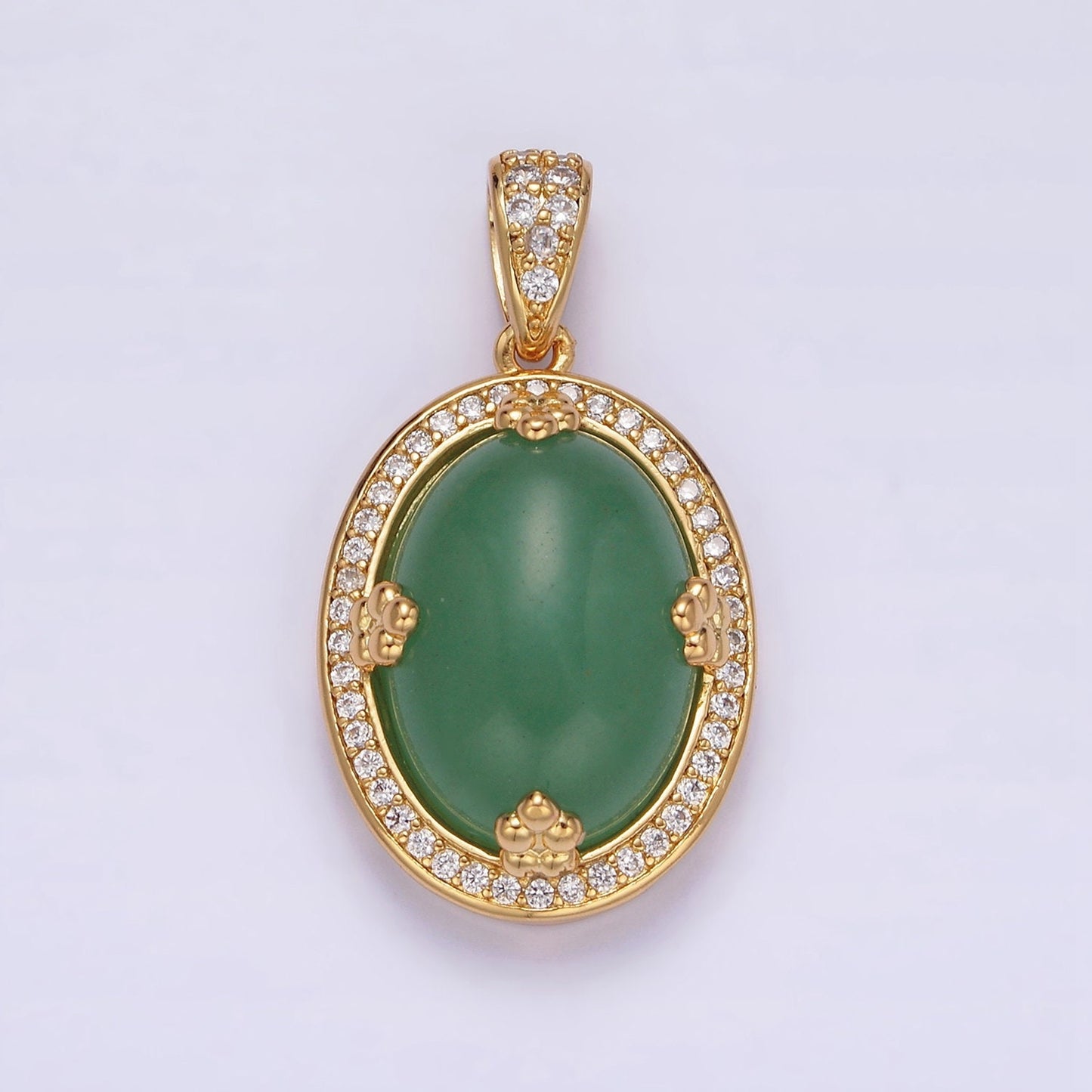 14K Gold Filled Amethyst, Rose Quartz, Aventurine Cabochon Micro Paved CZ Pendant | AA686 - AA688