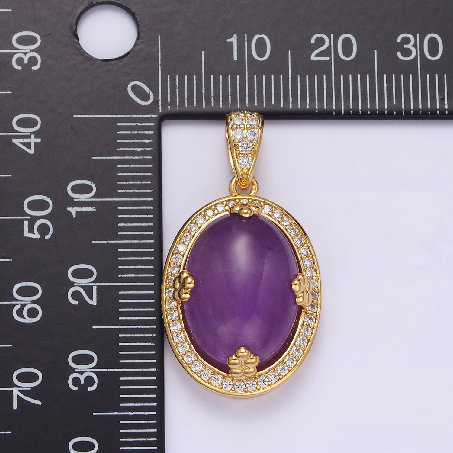 14K Gold Filled Amethyst, Rose Quartz, Aventurine Cabochon Micro Paved CZ Pendant | AA686 - AA688