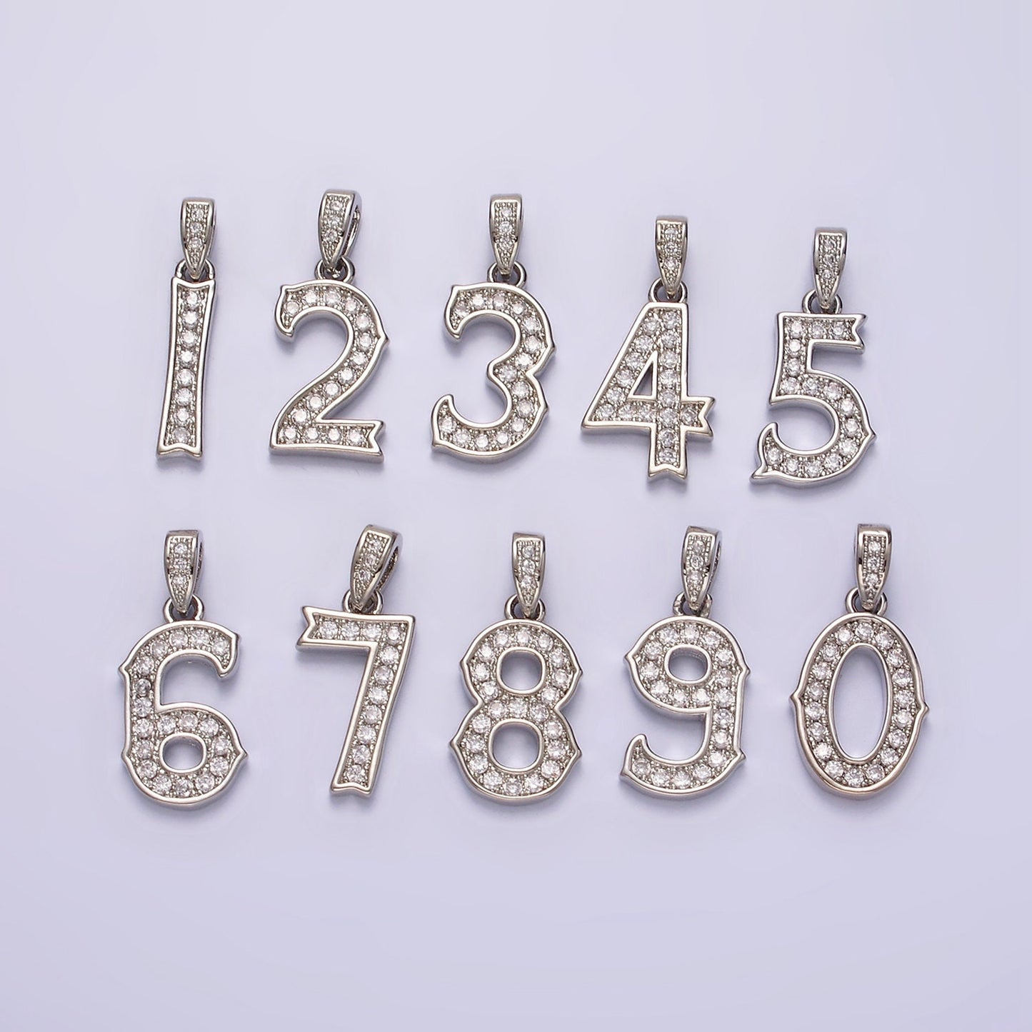 Silver 0-9 Edged Number Clear Micro Paved CZ Pendant Lucky Number Age Birthday Pendant | N1256 - N1265
