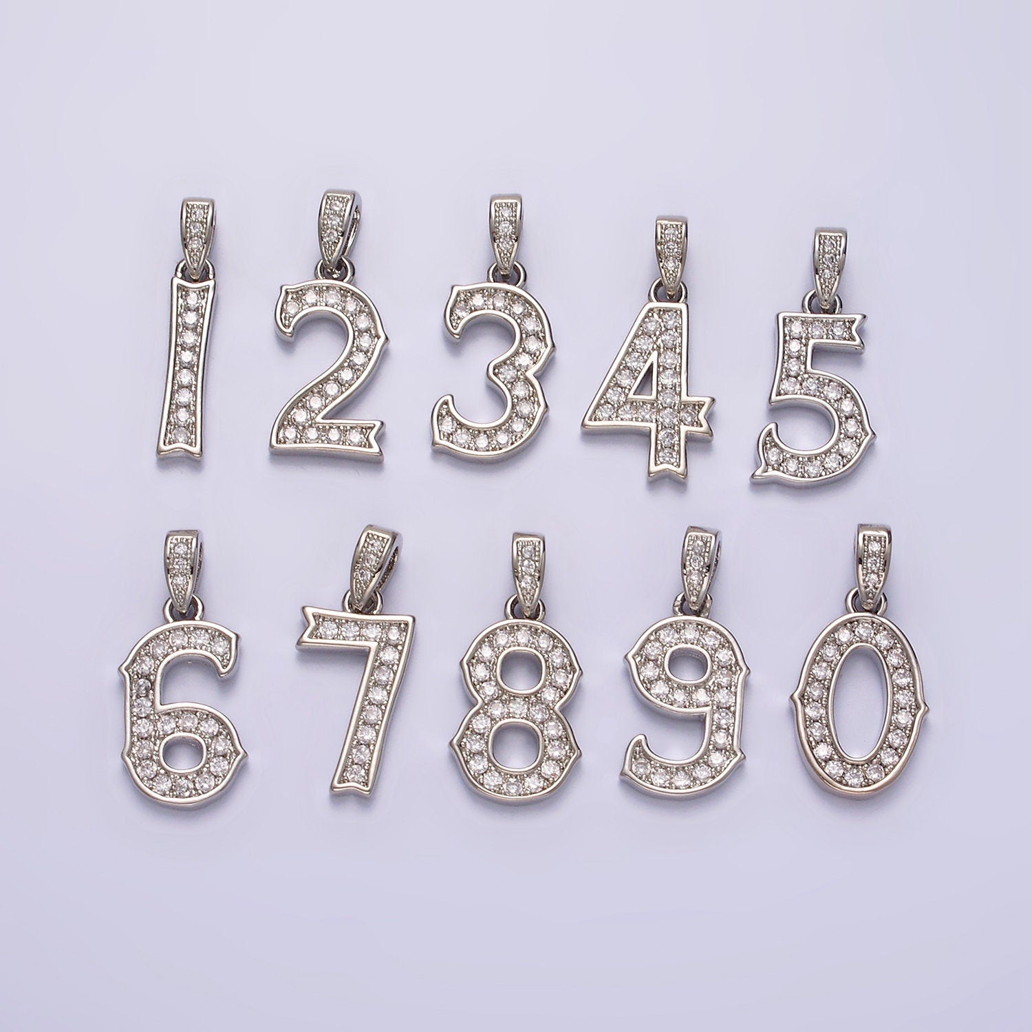 Silver 0-9 Edged Number Clear Micro Paved CZ Pendant Lucky Number Age Birthday Pendant | N1256 - N1265