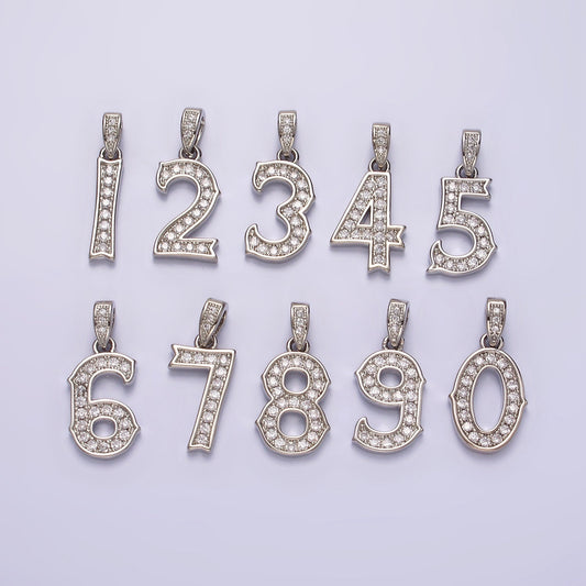 Silver 0-9 Edged Number Clear Micro Paved CZ Pendant Lucky Number Age Birthday Pendant | N1256 - N1265