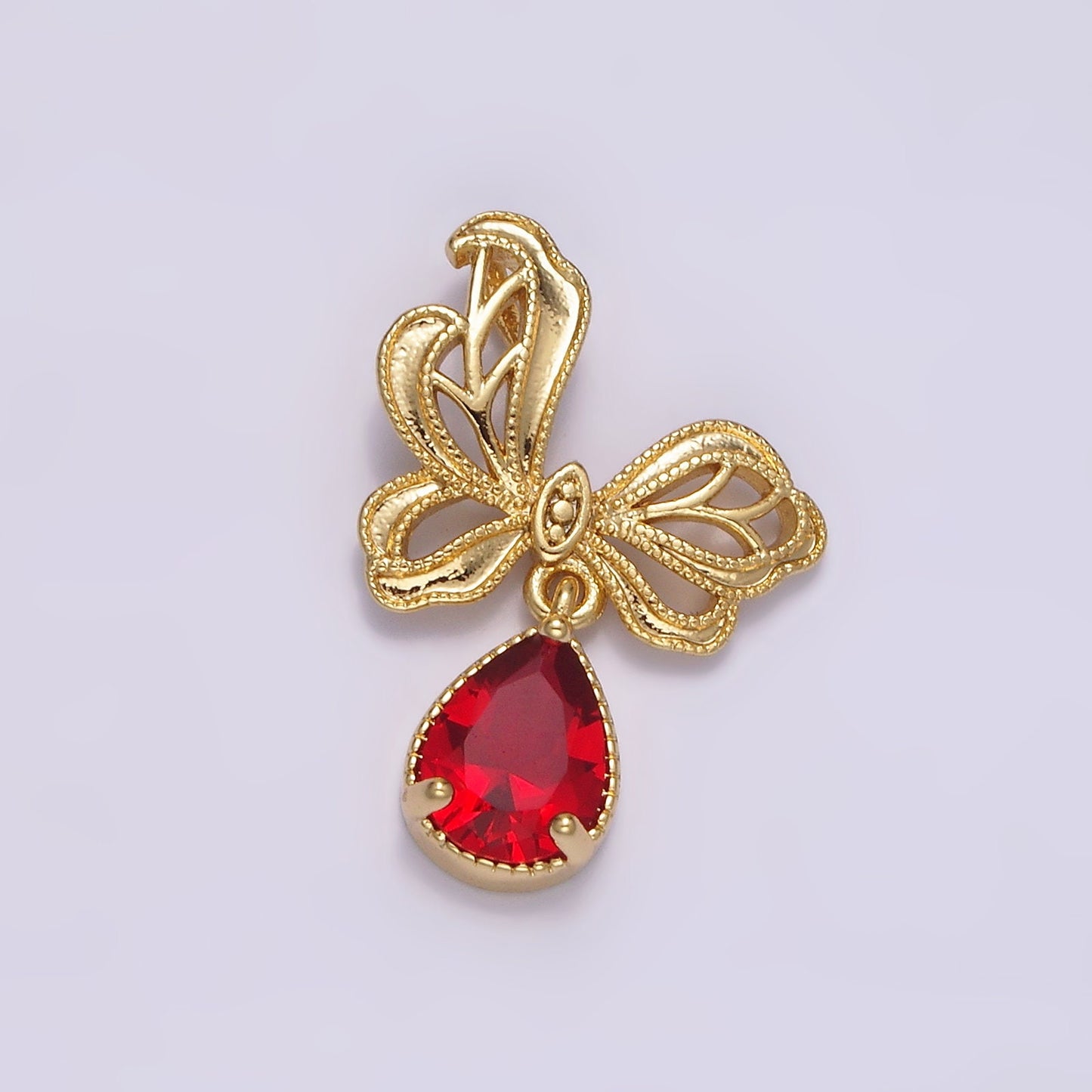 14K Gold Filled Dangle Butterfly Charm with Red Teardrop CZ Beaded Butterfly Wings Pendant | AA727