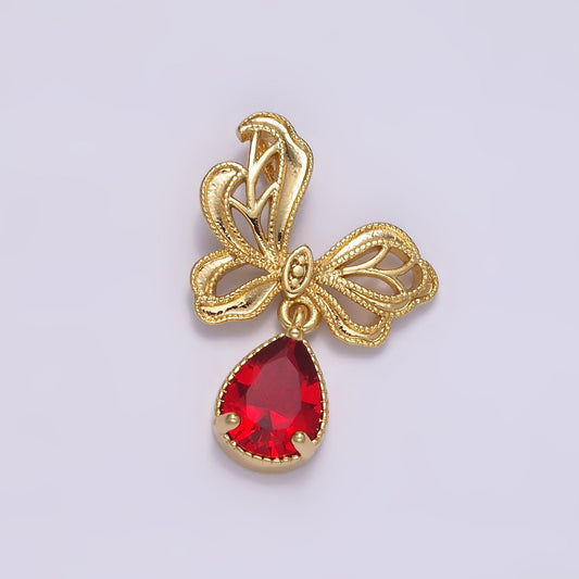 14K Gold Filled Dangle Butterfly Charm with Red Teardrop CZ Beaded Butterfly Wings Pendant | AA727