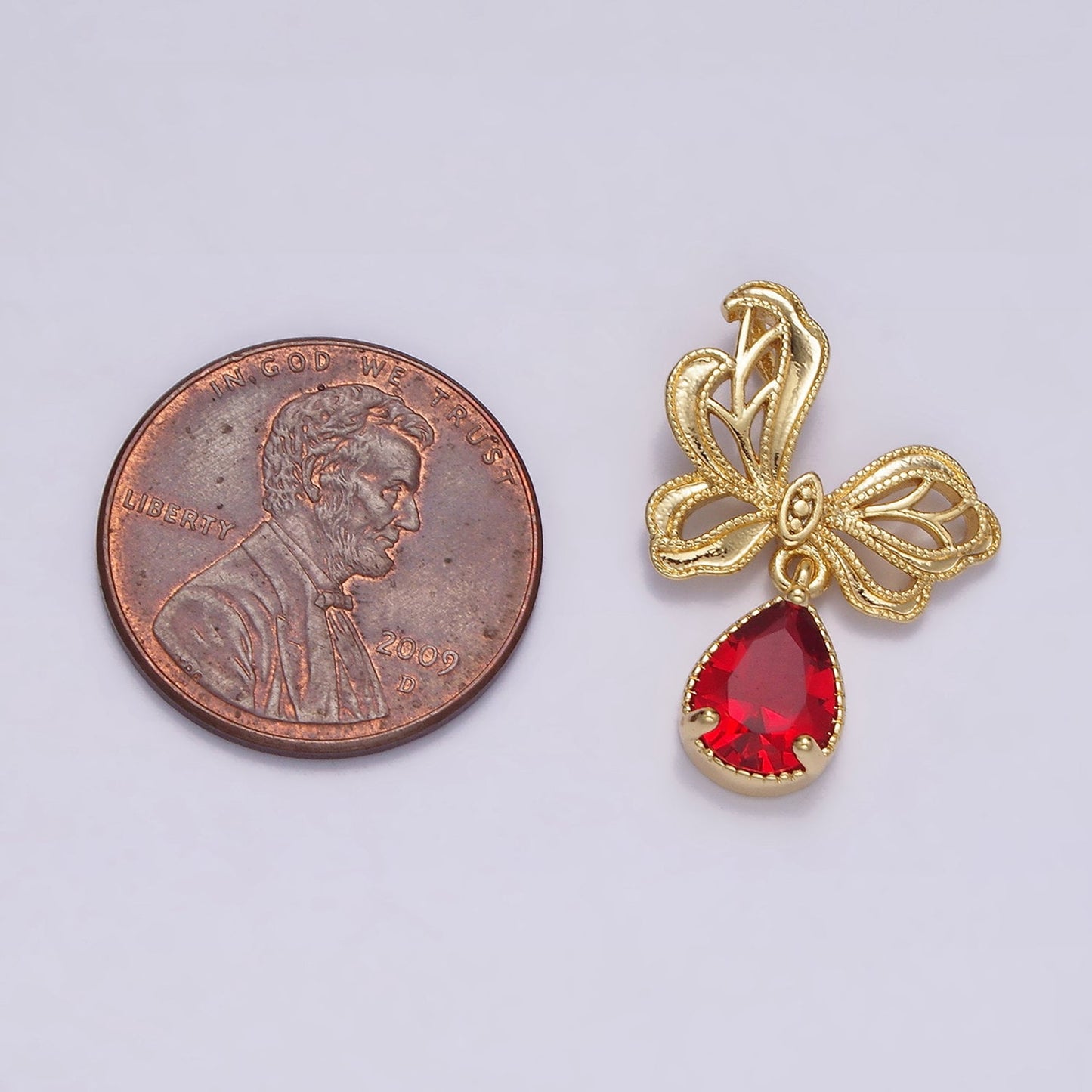 14K Gold Filled Dangle Butterfly Charm with Red Teardrop CZ Beaded Butterfly Wings Pendant | AA727