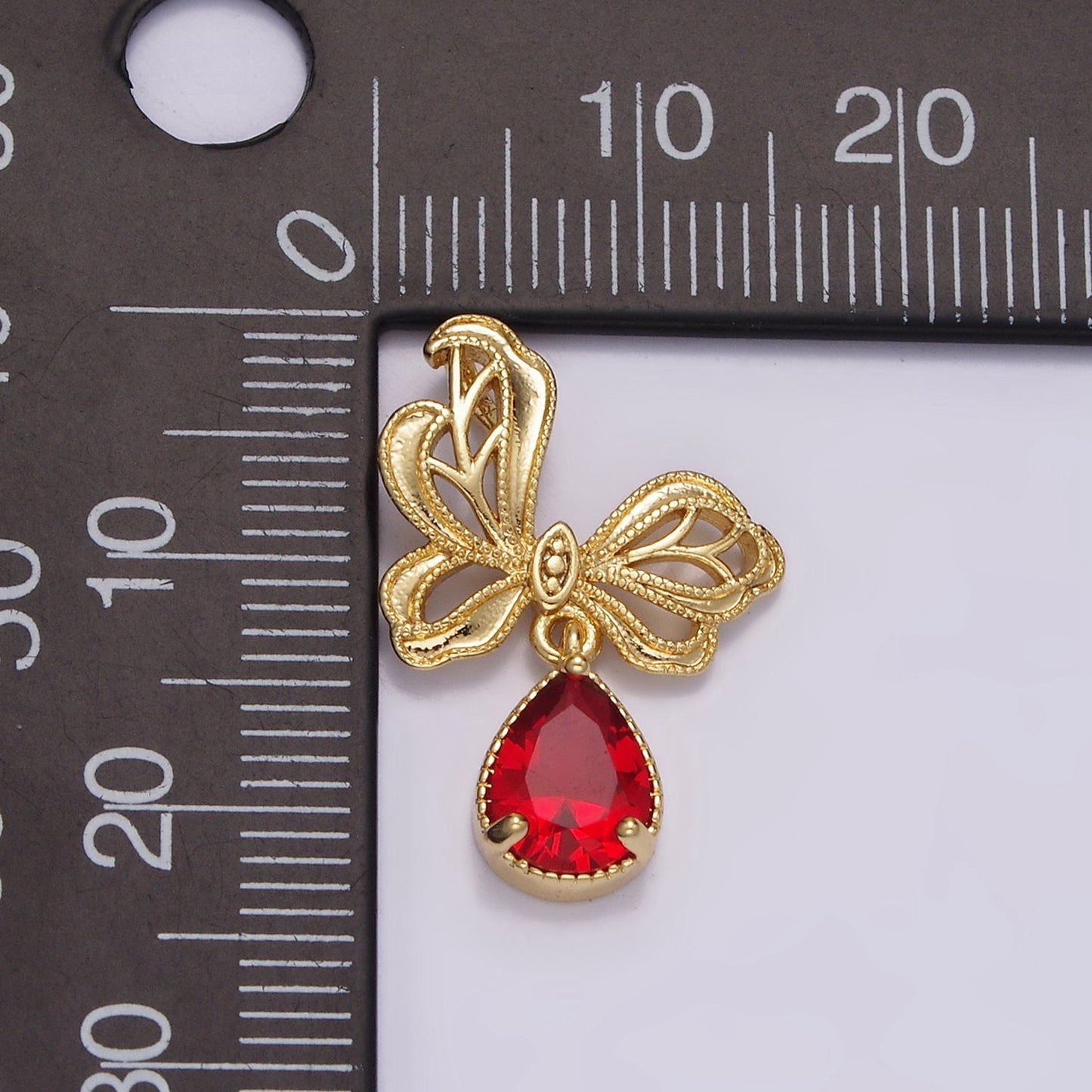 14K Gold Filled Dangle Butterfly Charm with Red Teardrop CZ Beaded Butterfly Wings Pendant | AA727
