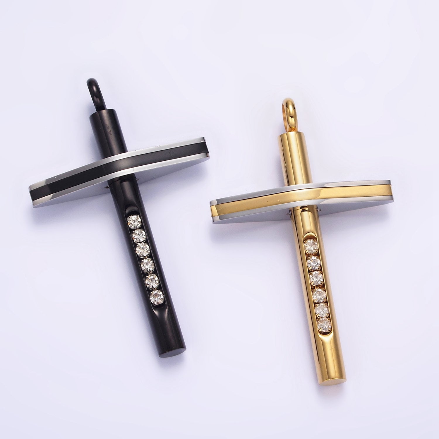 Stainless Steel Cross Pendant Two Tone Color Mixed Metal Cross Clear CZ Lined Pendant in Gold & Black | P711 P712