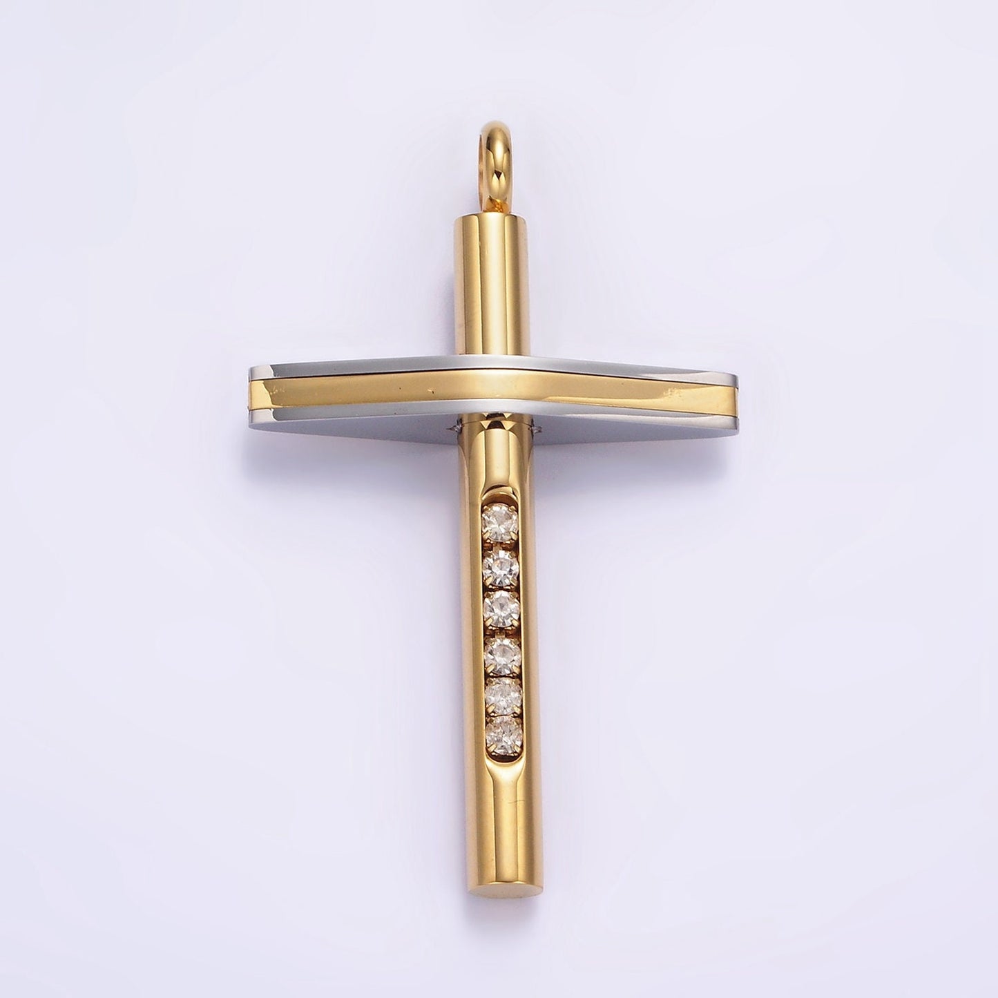 Stainless Steel Cross Pendant Two Tone Color Mixed Metal Cross Clear CZ Lined Pendant in Gold & Black | P711 P712