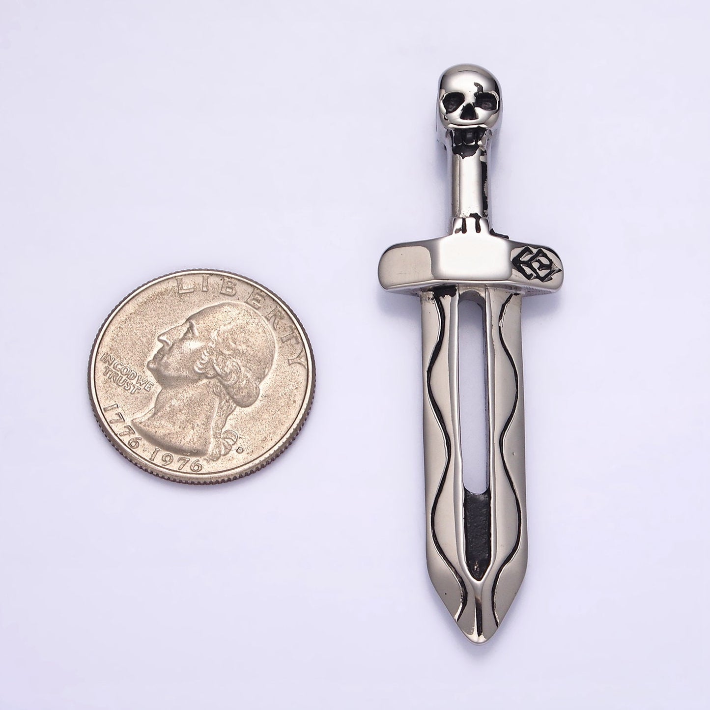Stainless Steel 64mm Lined Open Sword Skull Head Handle Charm | P614