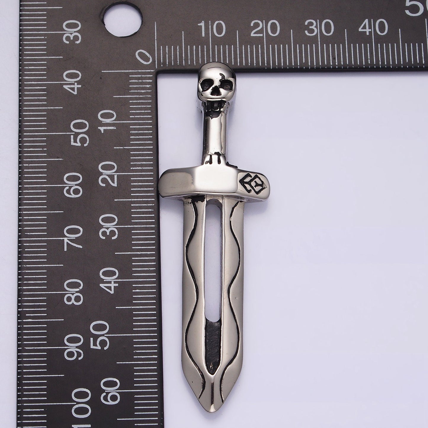 Stainless Steel 64mm Lined Open Sword Skull Head Handle Charm | P614