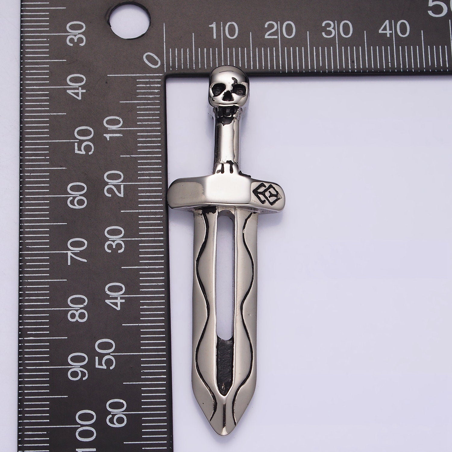 Stainless Steel 64mm Lined Open Sword Skull Head Handle Charm | P614