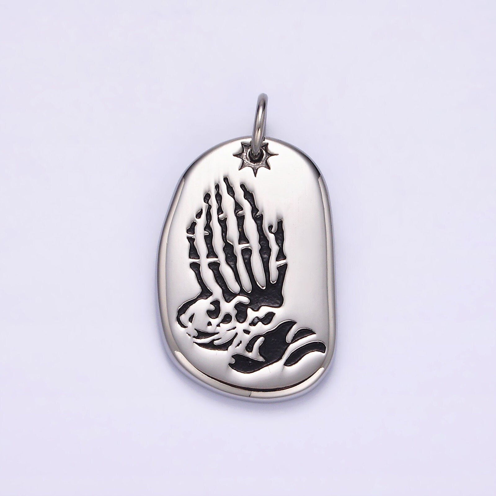 Stainless Steel 29.6mm Finger Skull Praying Hand Tag Charm | P613