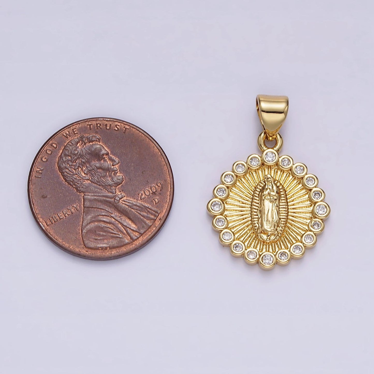 14K Gold Filed Our Lady of Guadalupe Charm Virgin Mary Lady of Lourdes Catholic Bijoux Sunburst Micro Pave CZ Charm | AA-607