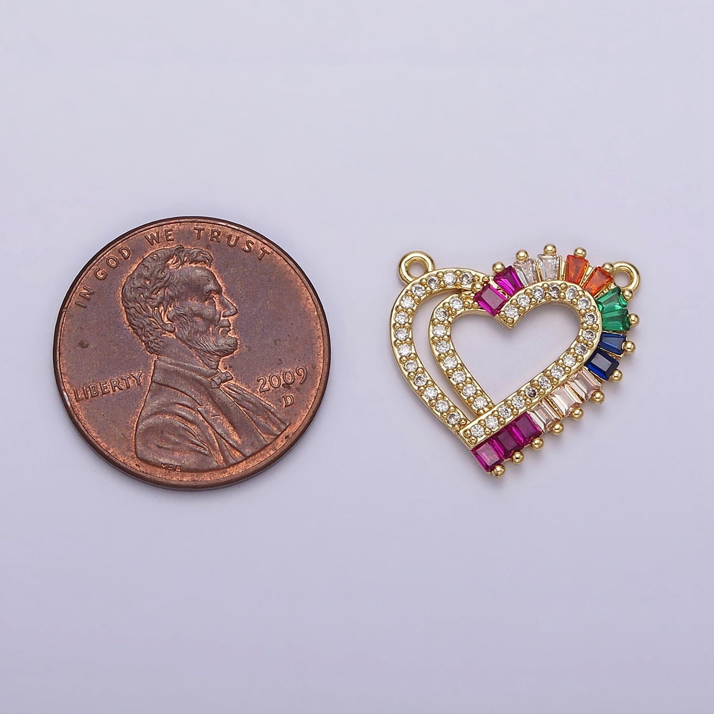 14K Gold Filled Heart Charm Connector Rainbow Multicolor Baguette Micro Paved CZ Link Connector | G653
