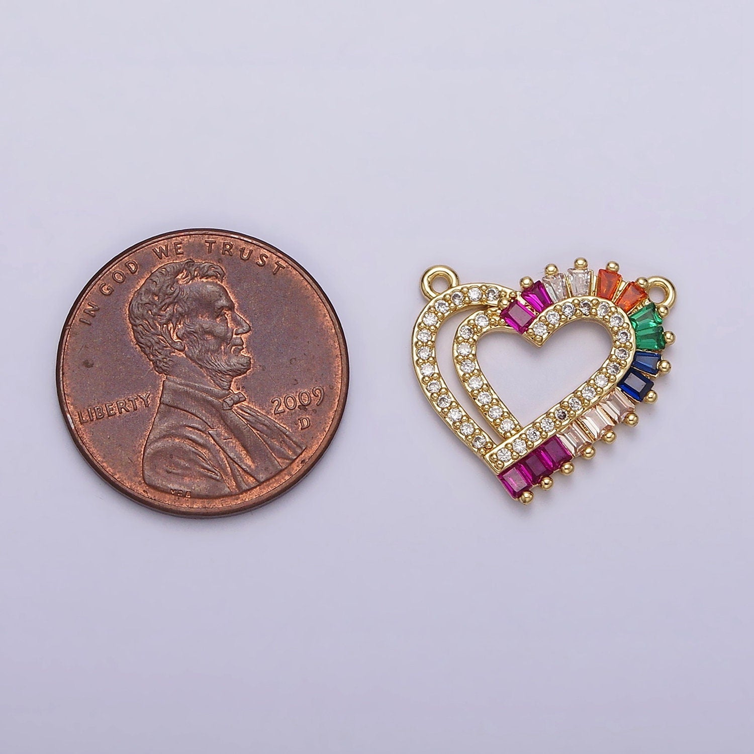 14K Gold Filled Heart Charm Connector Rainbow Multicolor Baguette Micro Paved CZ Link Connector | G653