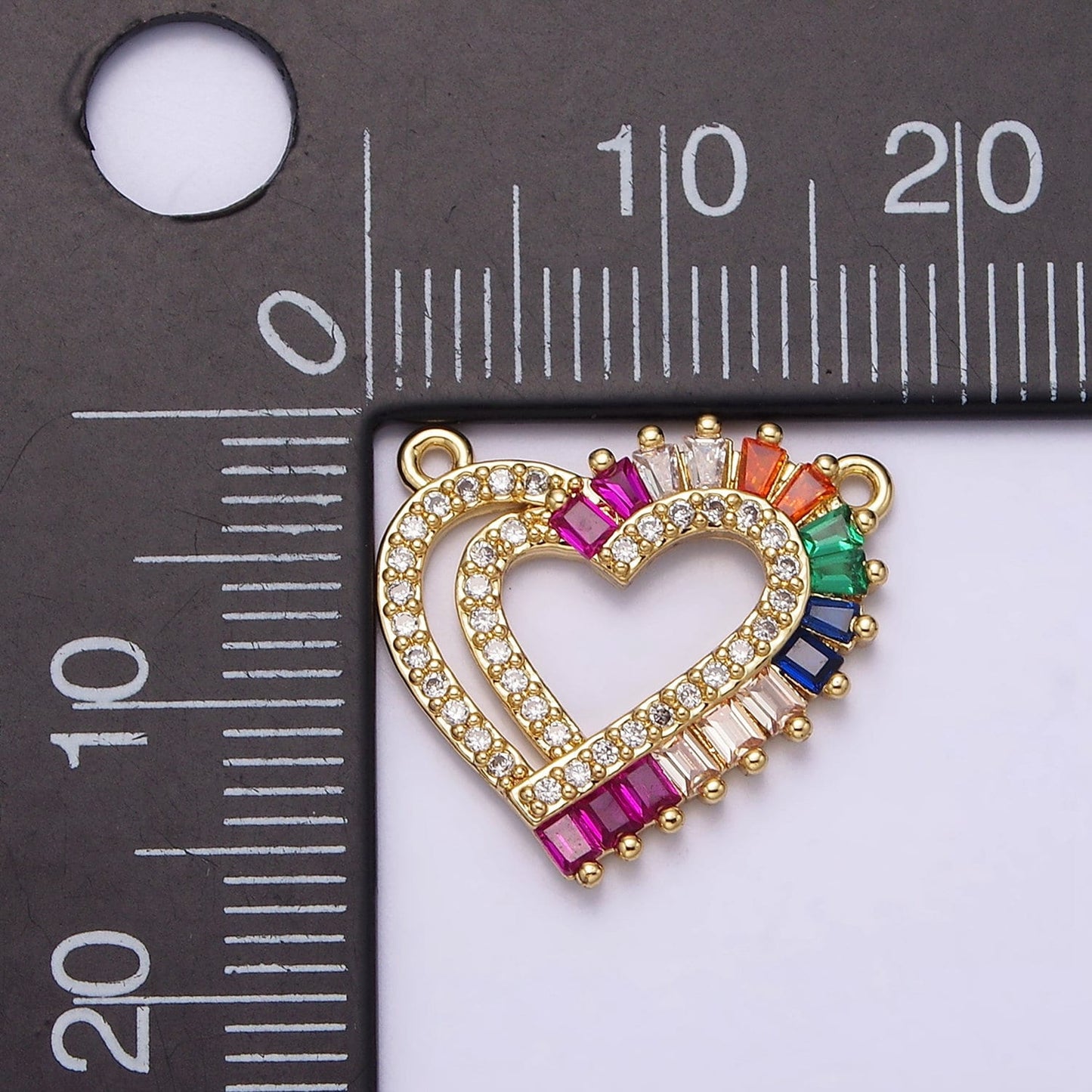 14K Gold Filled Heart Charm Connector Rainbow Multicolor Baguette Micro Paved CZ Link Connector | G653