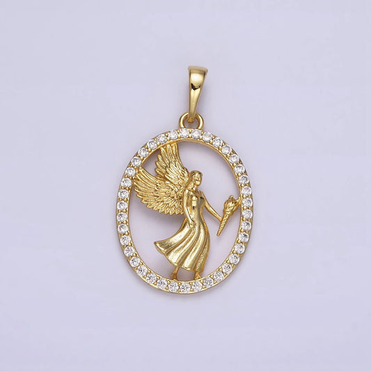 14K Gold Filled Angel Feather Torch Open Micro Paved CZ Oval Pendant | AA652