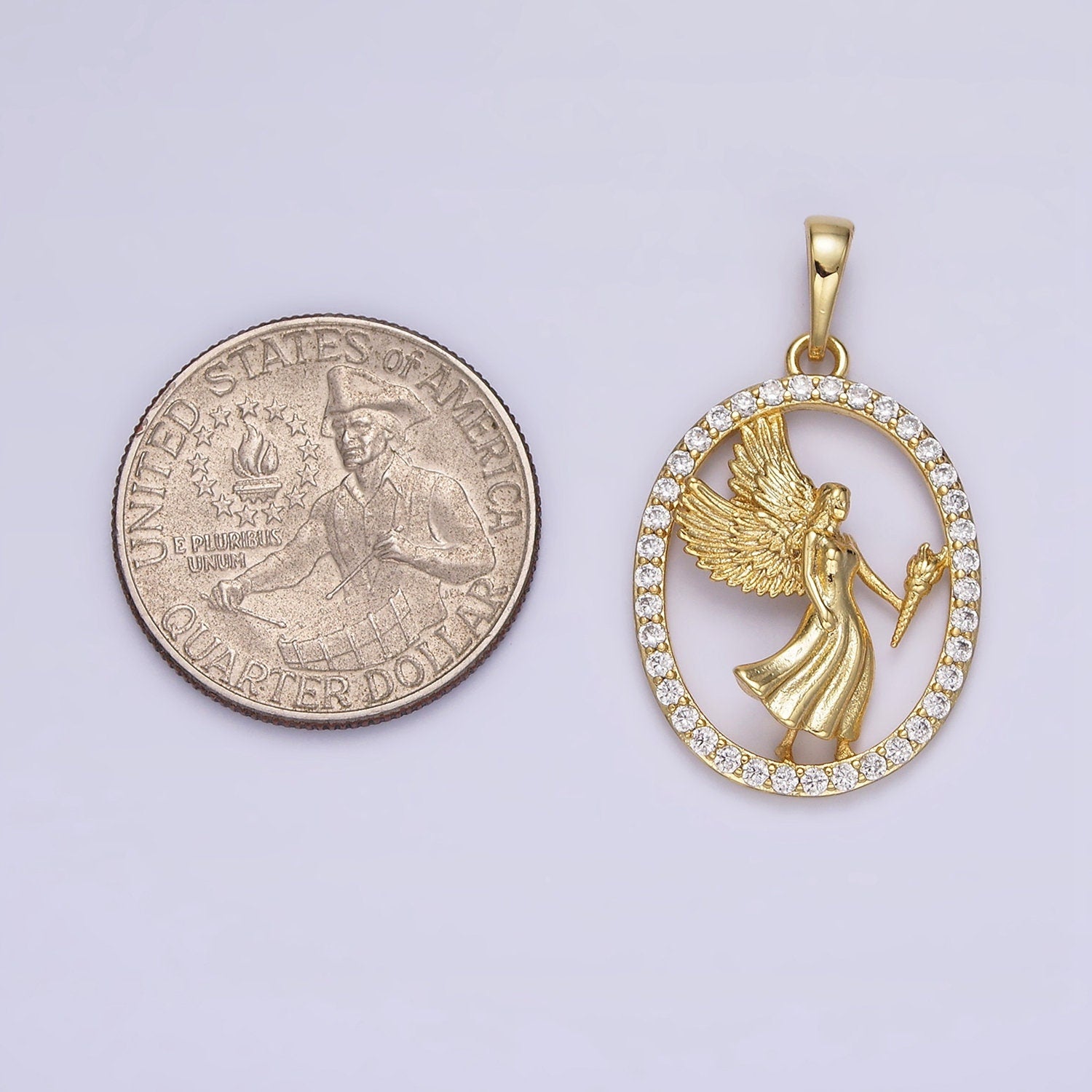14K Gold Filled Angel Feather Torch Open Micro Paved CZ Oval Pendant | AA652