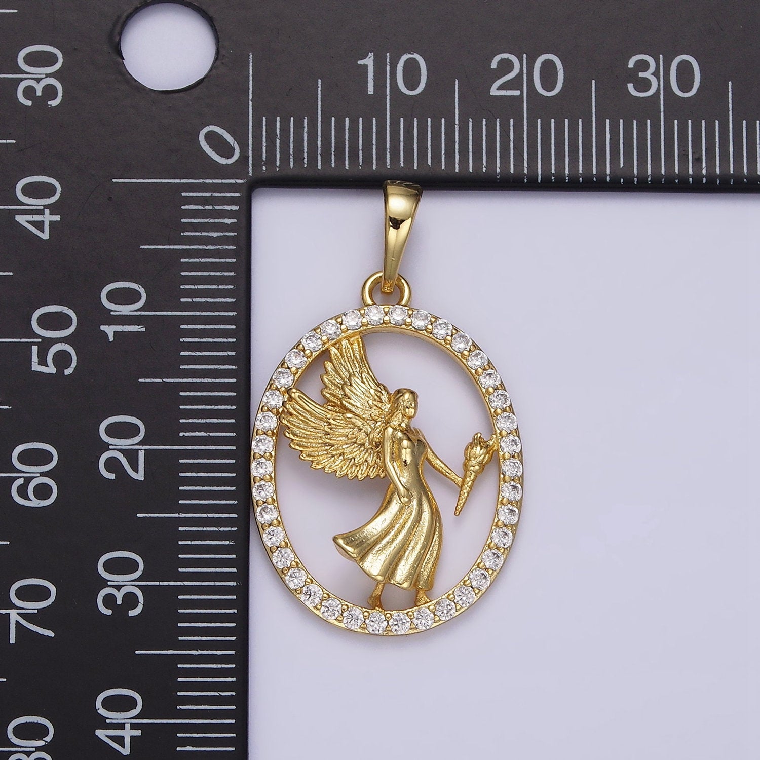 14K Gold Filled Angel Feather Torch Open Micro Paved CZ Oval Pendant | AA652