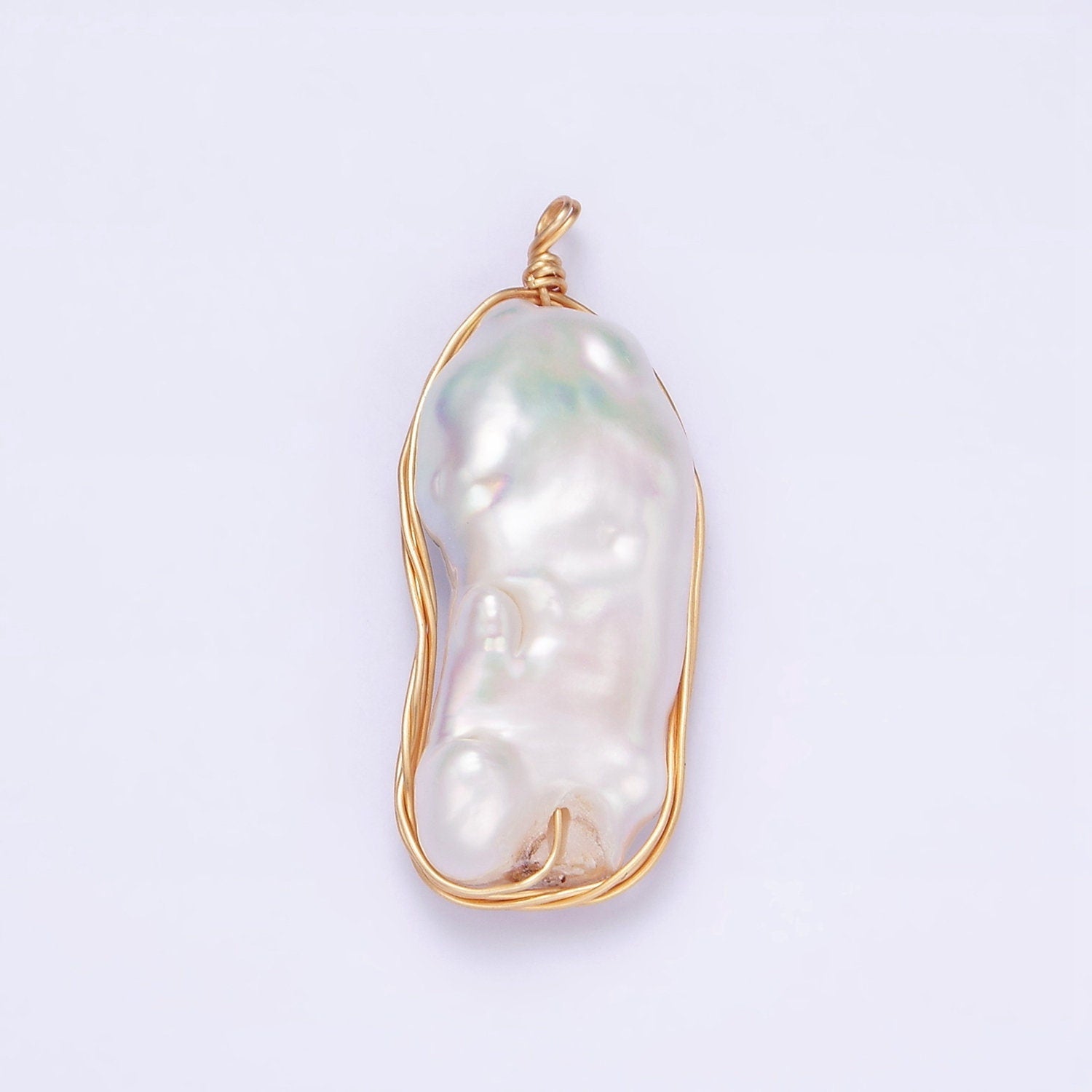 24K Gold Filled 32mm White Baroque Freshwater Pearl Multiple Wire Wrapped Charm | N1042