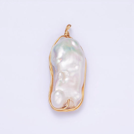 24K Gold Filled 32mm White Baroque Freshwater Pearl Multiple Wire Wrapped Charm | N1042