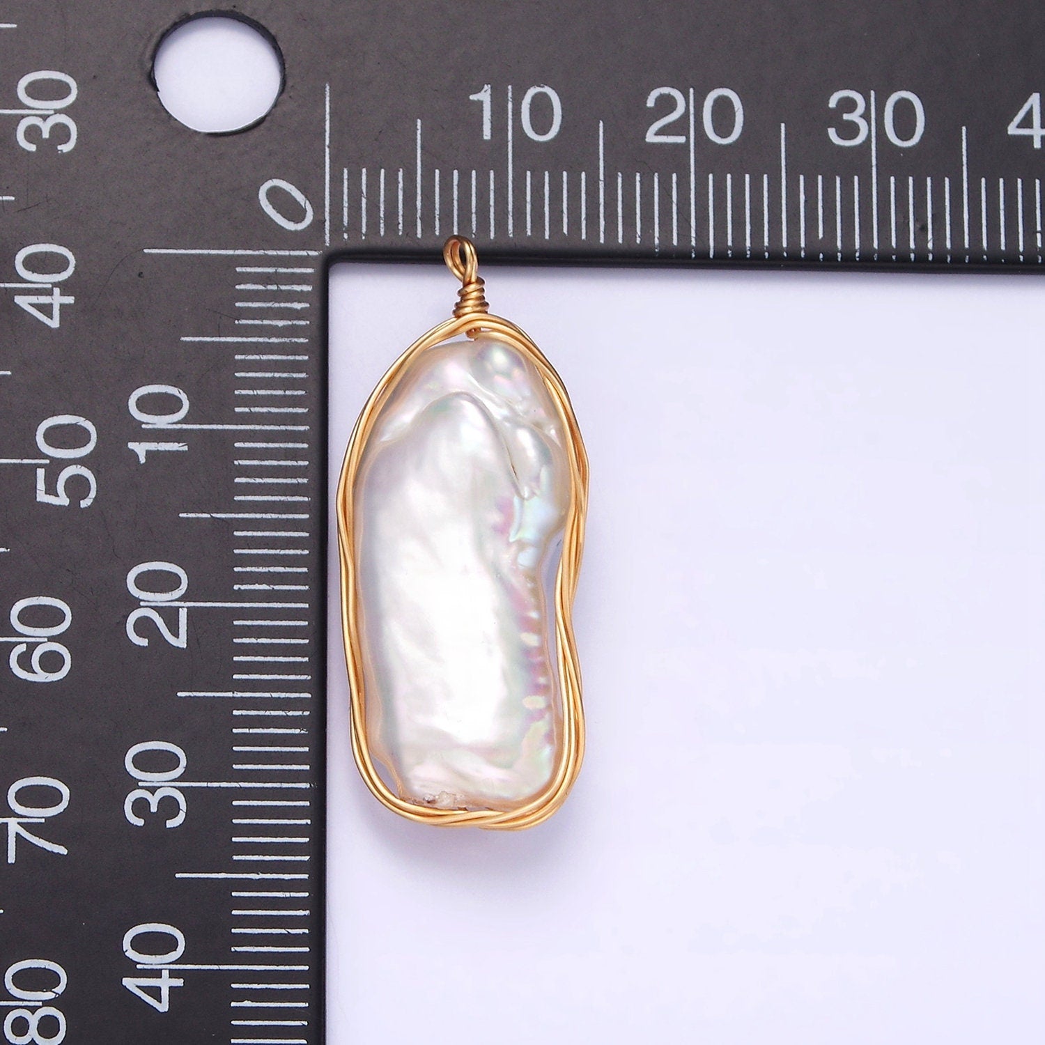 24K Gold Filled 32mm White Baroque Freshwater Pearl Multiple Wire Wrapped Charm | N1042
