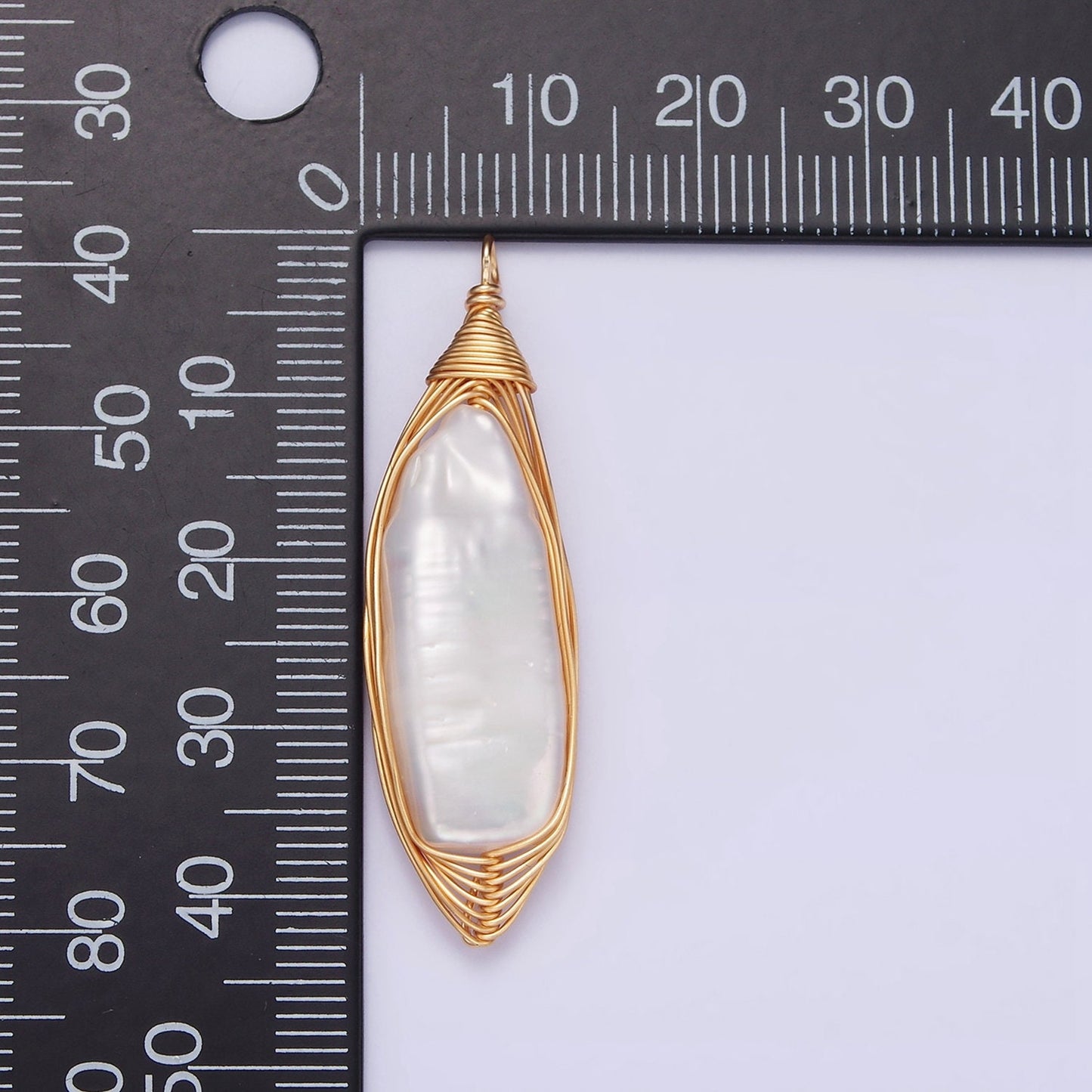 24K Gold Filled 44.5mm Flat Baroque Freshwater Pearl Multiple Wire Charm | N1043