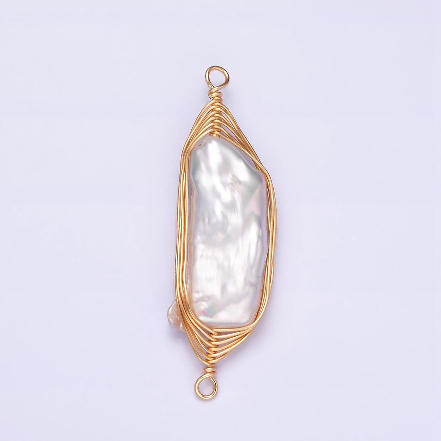 24K Gold Filled 41.5mm White Baroque Freshwater Pearl Wire Wrapped Connector | G662