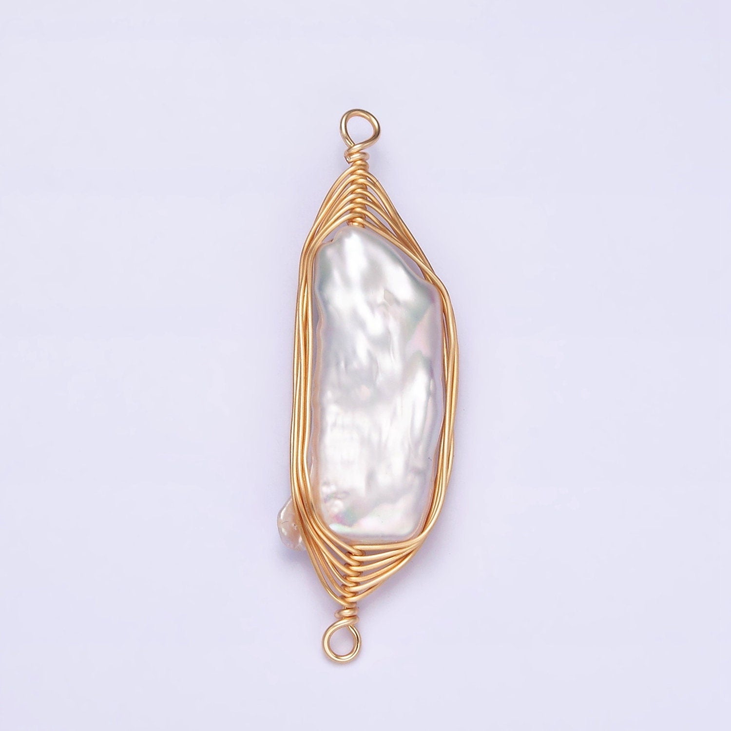 24K Gold Filled 41.5mm White Baroque Freshwater Pearl Wire Wrapped Connector | G662