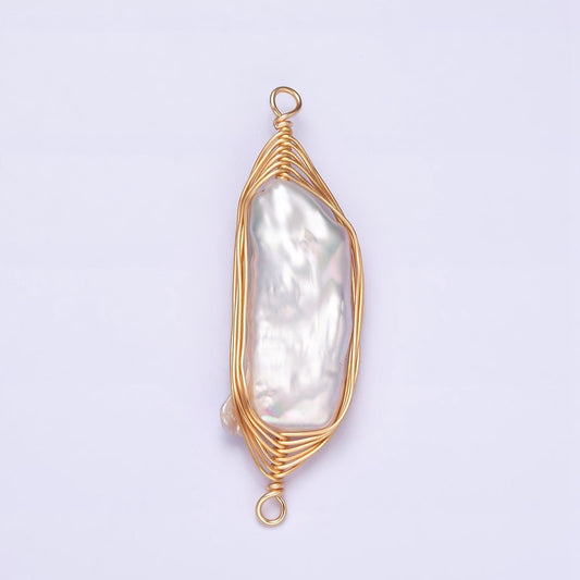 24K Gold Filled 41.5mm White Baroque Freshwater Pearl Wire Wrapped Connector | G662